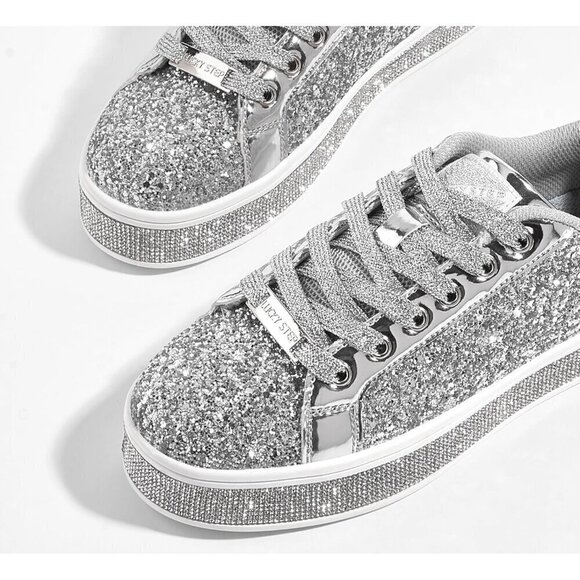 Women's Silver  Platform Glitter Sneakers | Sparkly Bling Shiny Dressy - Picture 5 of 9